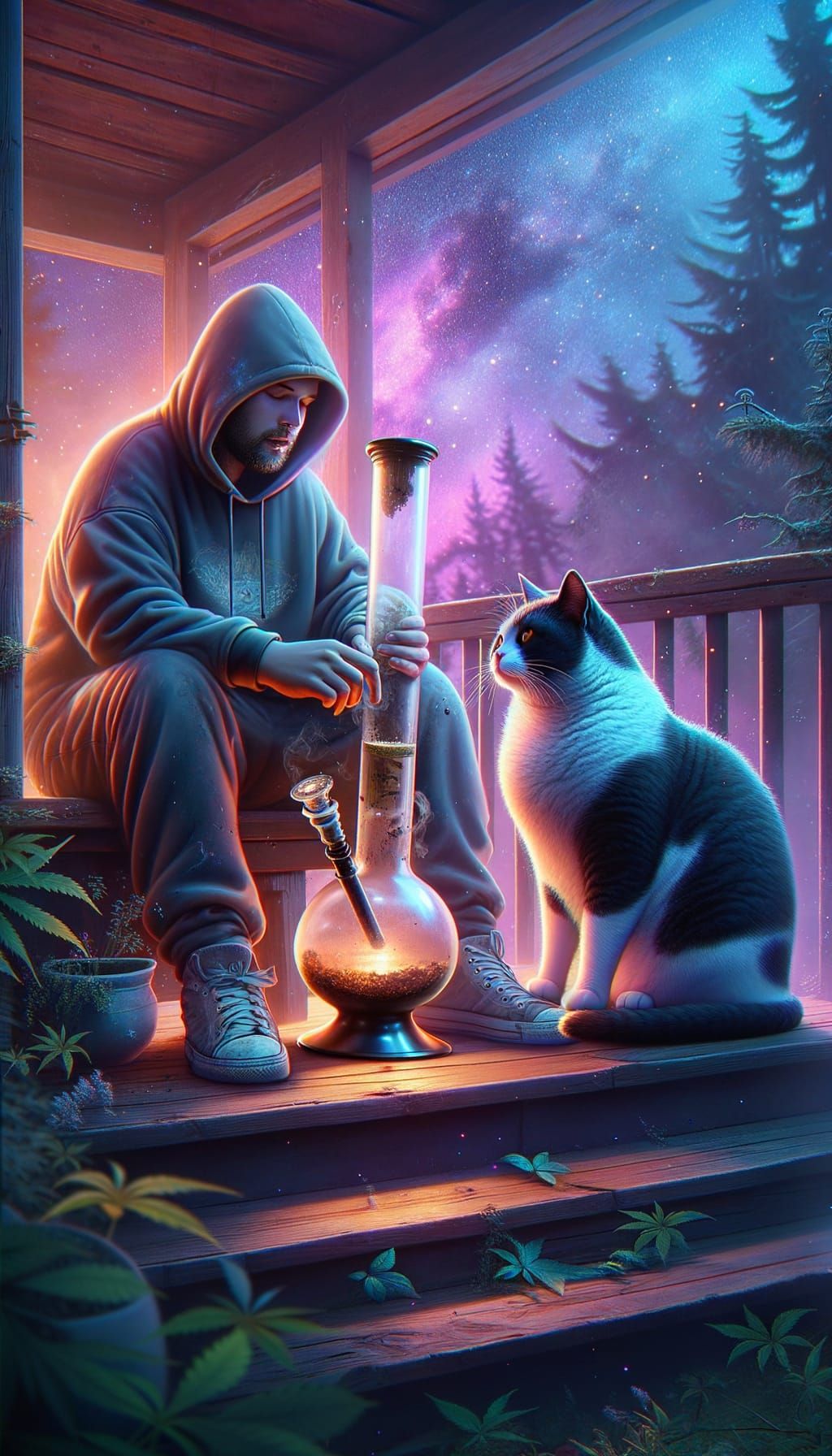 Man and Cat Share Serene Moment in Matte Painting