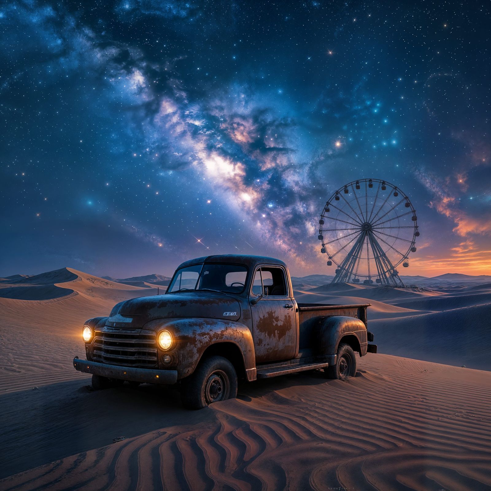 Rusted Truck in Desert Under Nebula Sky with Ferris Wheel