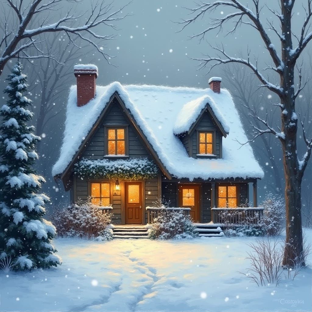 Cozy Snow-Covered House with Warm Window Lights