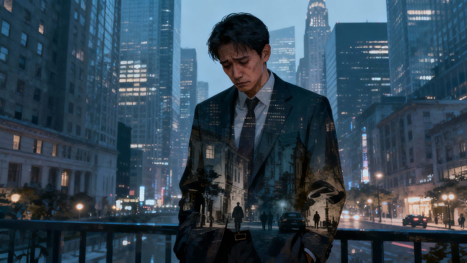 Solitary Businessman in Urban Landscape Double Exposure