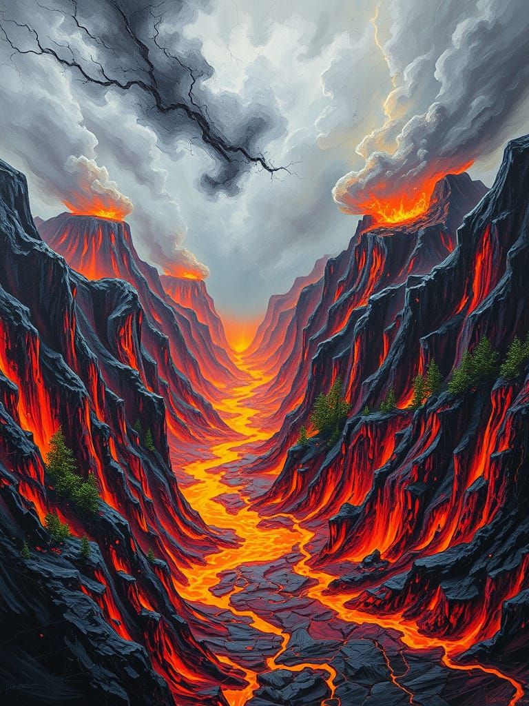 Molten Acrylic Volcano Landscape with Fire Rivers
