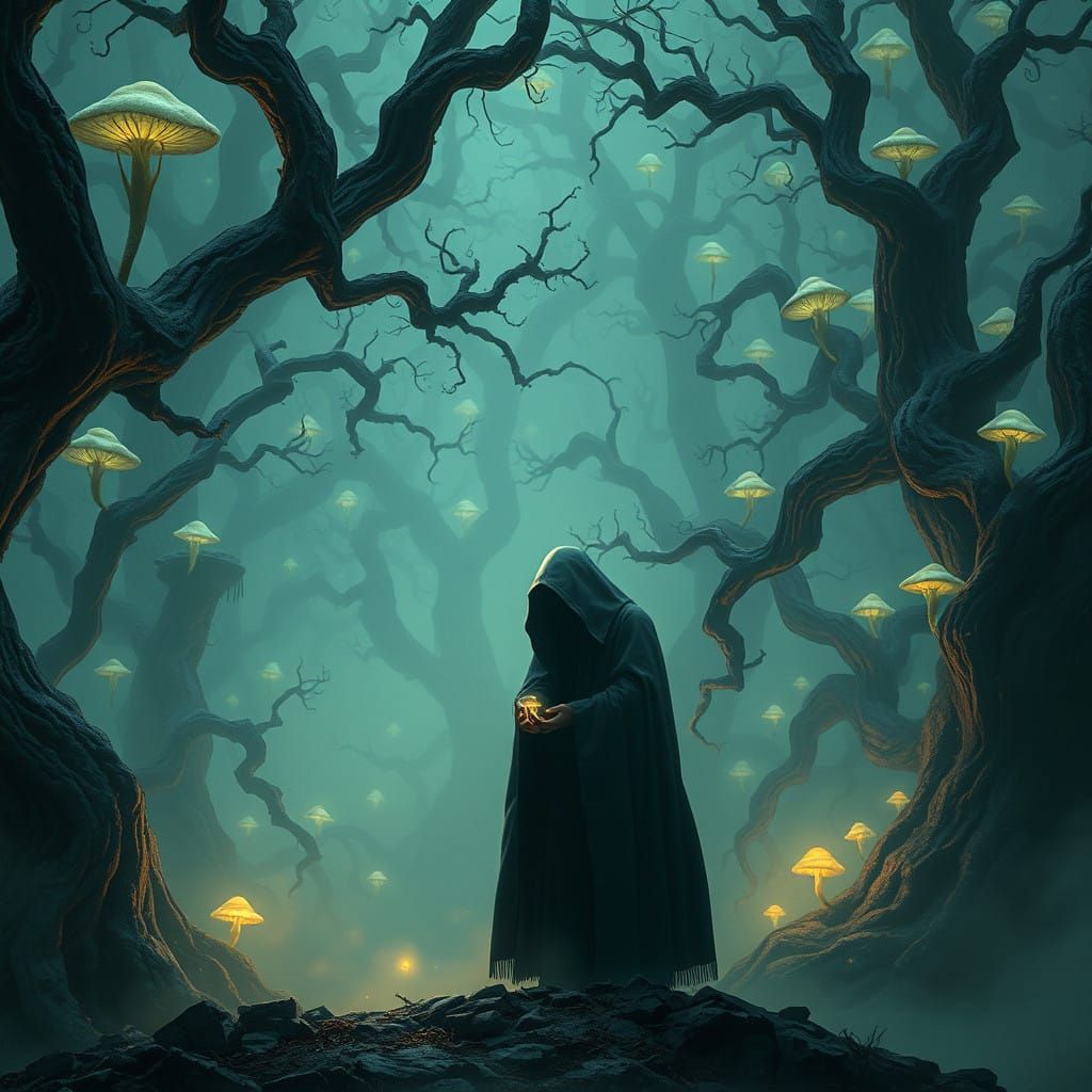 Guilt-Tormented Wanderer in Ancient Mystic Forest