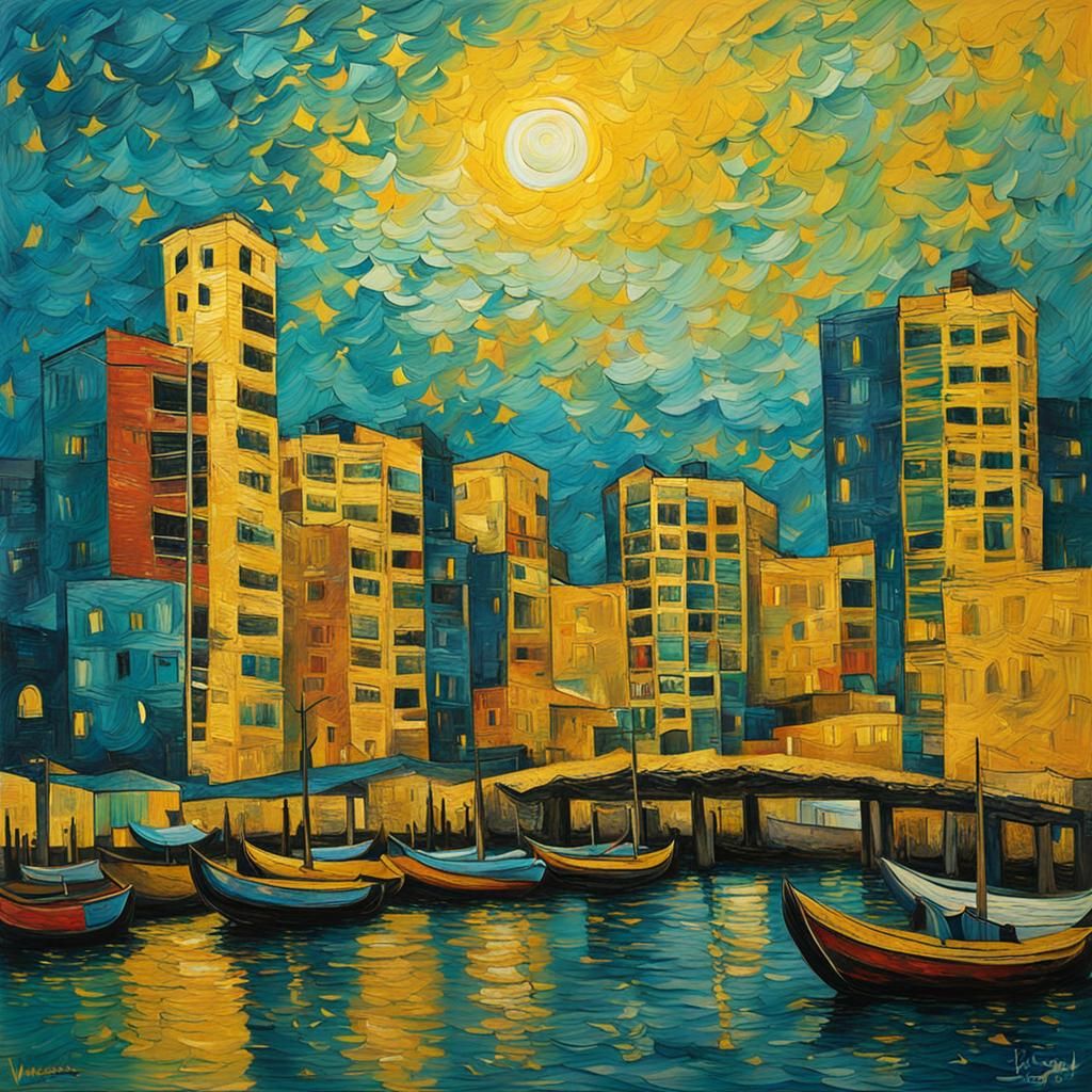 Chennai Skyline in Van Gogh Style Impasto Painting