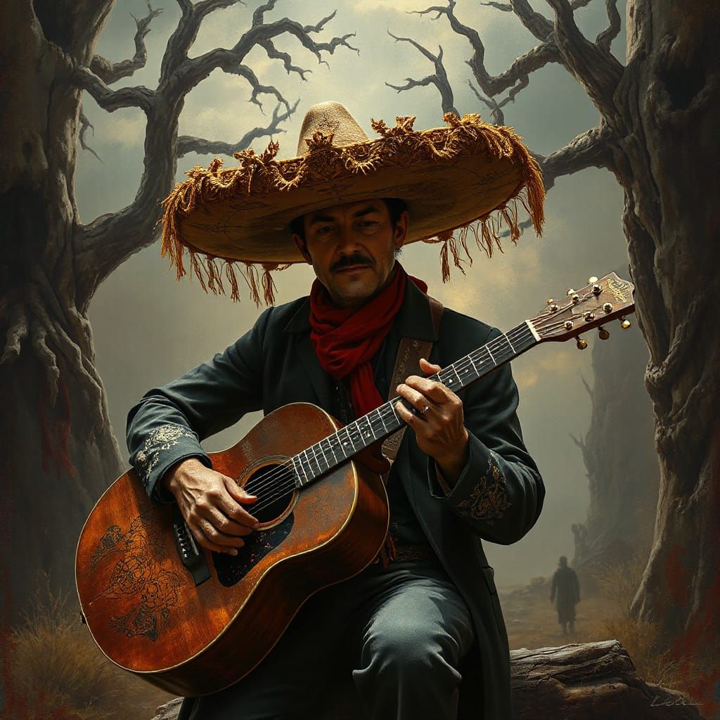 Bandit Plays Haunting Melody in Dark, Eerie Landscape