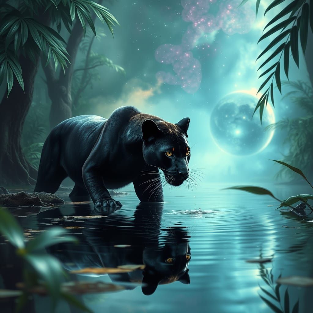 Panther in Cosmic Jungle Oasis