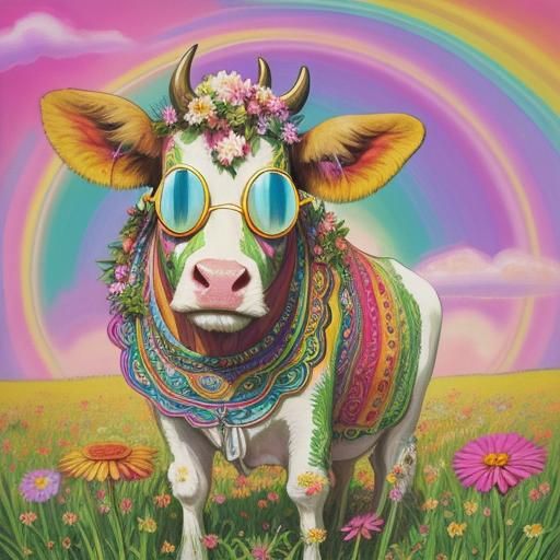Psychedelic Cow in a Meadow: Groovy Flower Power