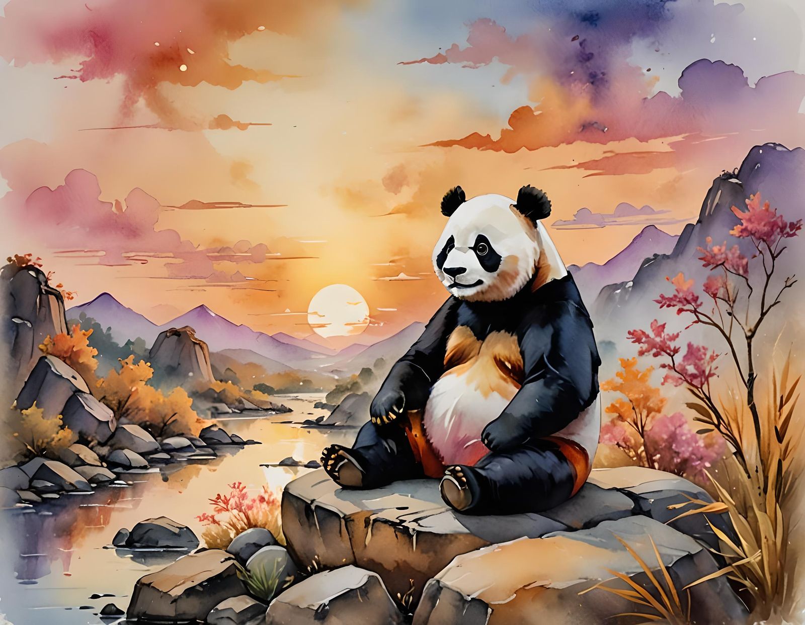Pixar Panda Meditating at Sunset Watercolor Painting