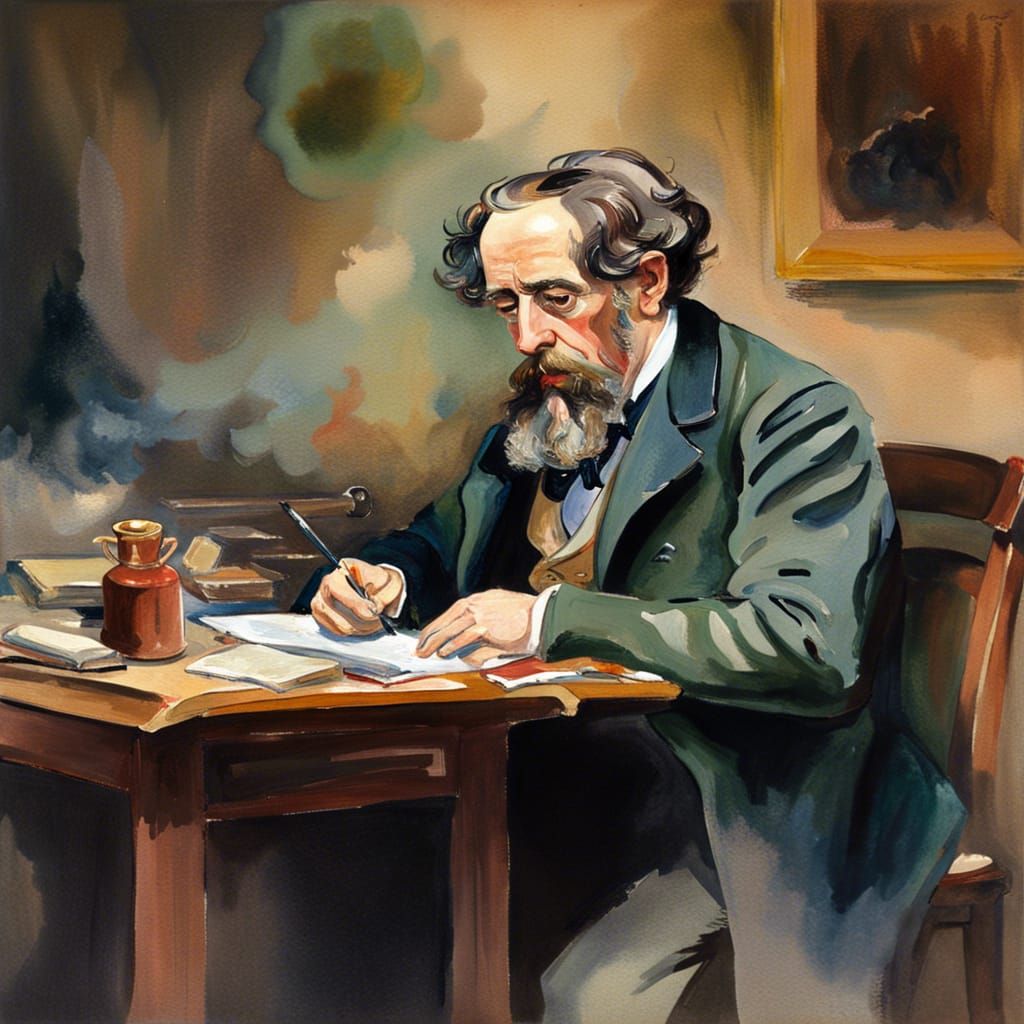 Dickens at Writing Table in Gouache Style
