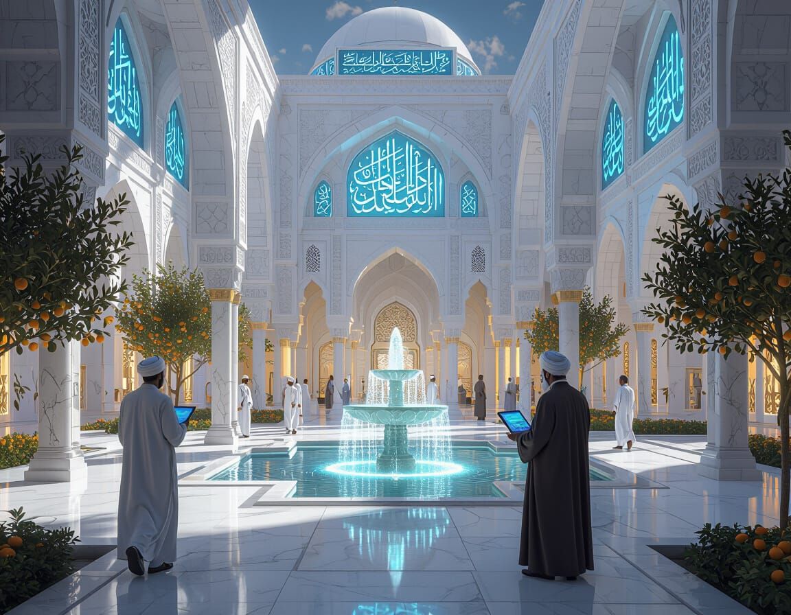 Futuristic Cyberpunk Madrasa Courtyard with Islamic Art