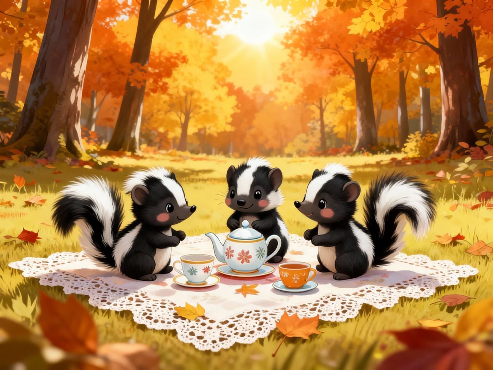 Cute Baby Skunks Play in Autumn Forest Leaves