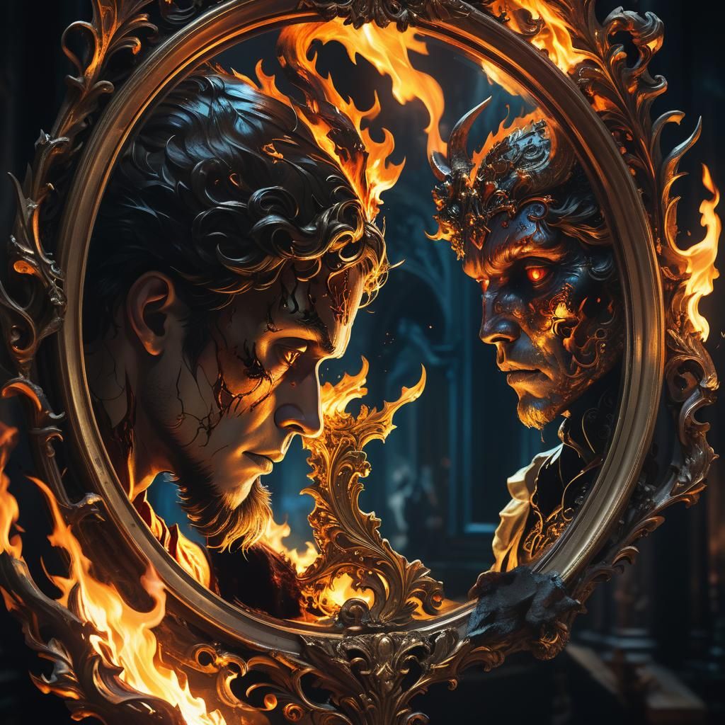Demonic Reflection in Cursed Mirror, Dark Fantasy Art