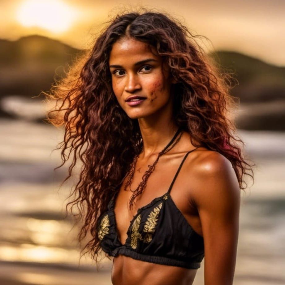 Supermodel Posing on Beach at Sunset