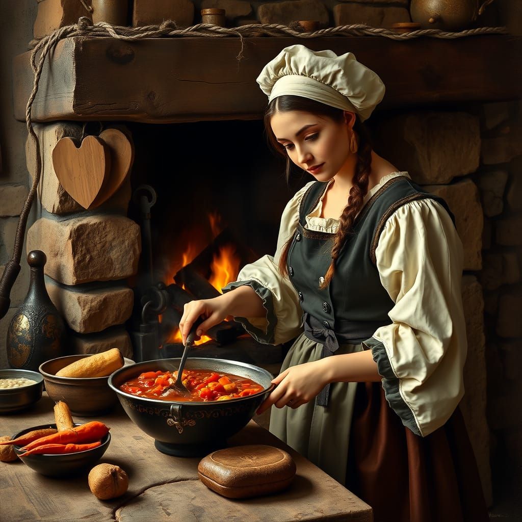 Medieval Chef Cooking by Cozy Fireplace