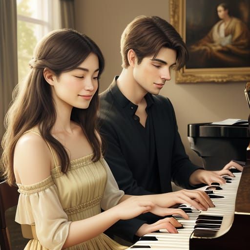 Couple Playing Piano in Warm, Naturalistic Oil Painting