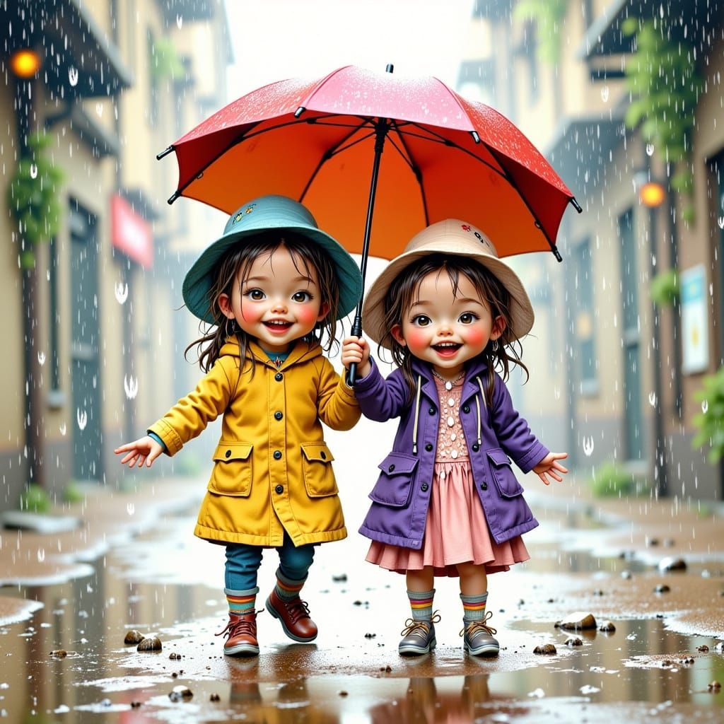 Happy Twins in Rainy Fairytale Style