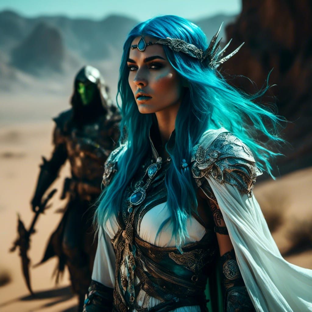 Elf Sorceress and Orc Warrior in Desert Landscape