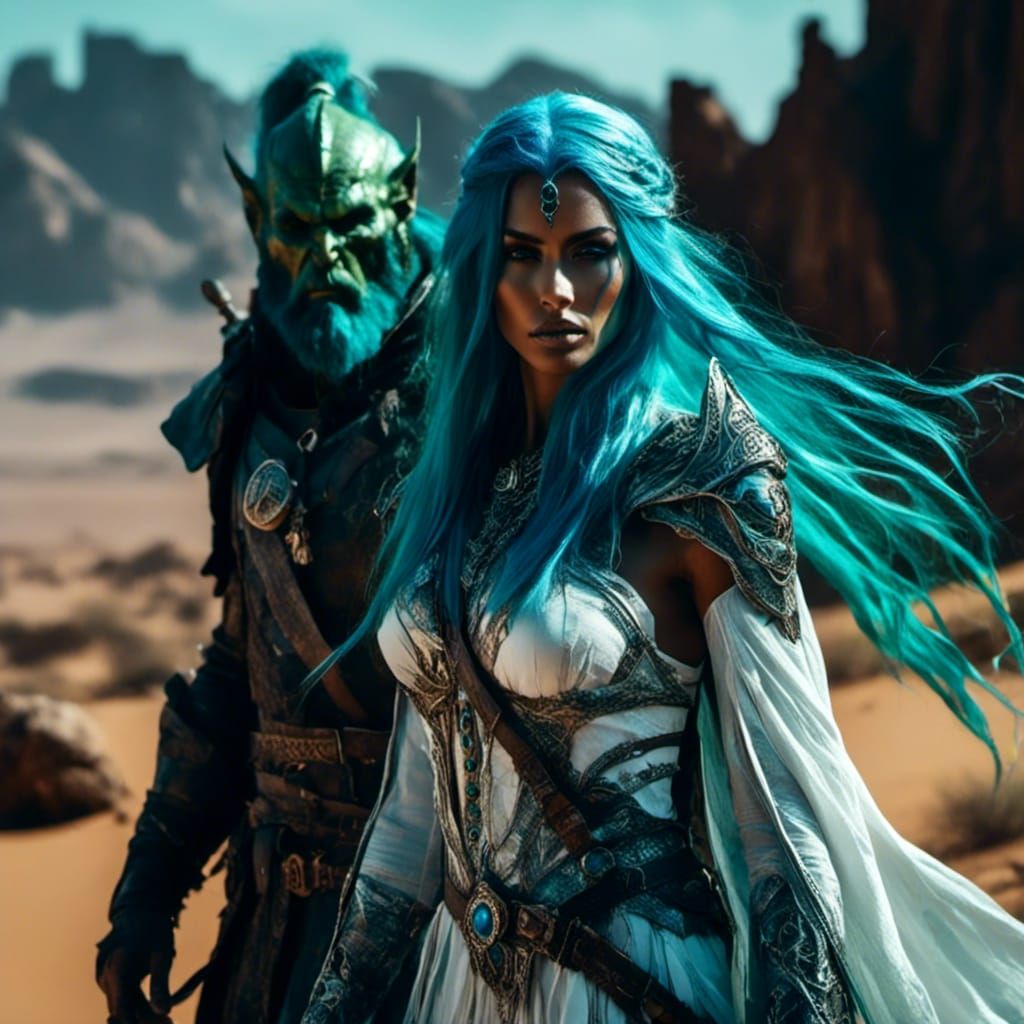 Elf Sorceress and Orc Warrior in the Desert