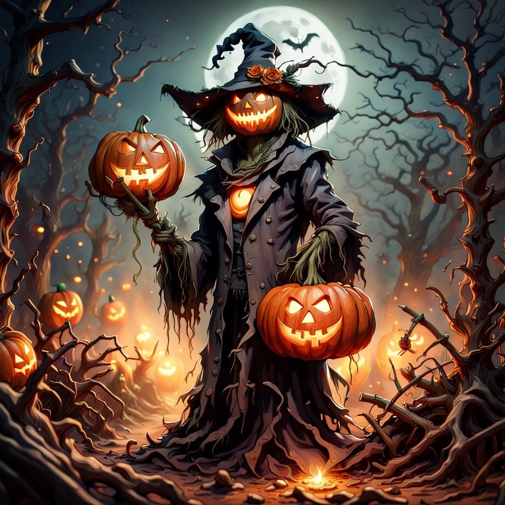 Evil Scarecrow with Jack-o'-Lantern Head: Hyperdetailed Conc...