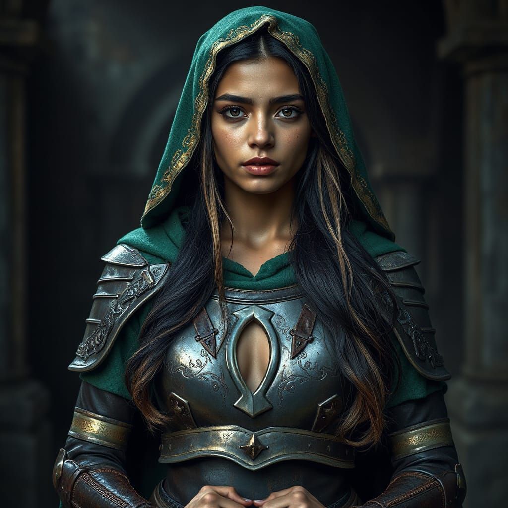 Bolivian Warrior Woman in Emerald Cloak and Armor