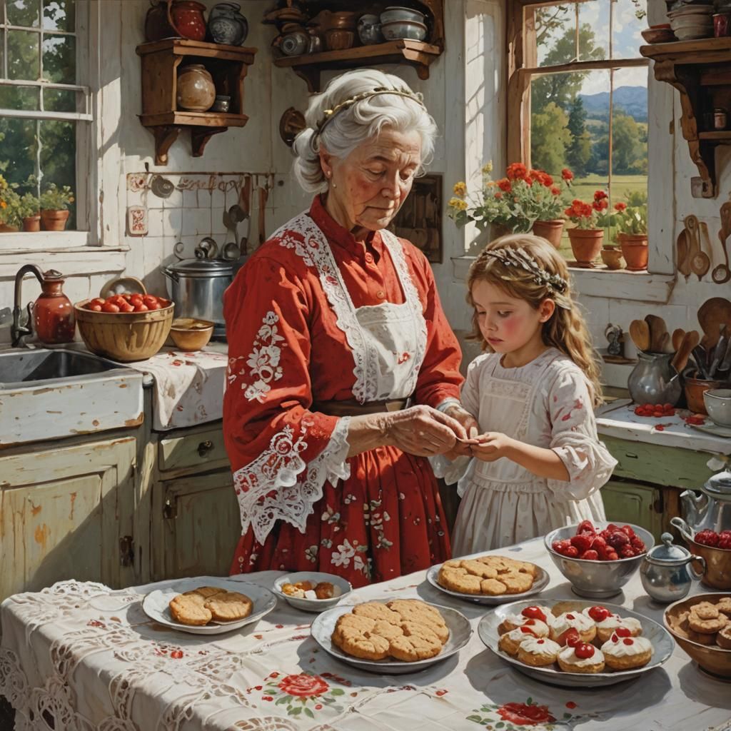 Girl and Grandmother Baking Cookies: Oil Painting