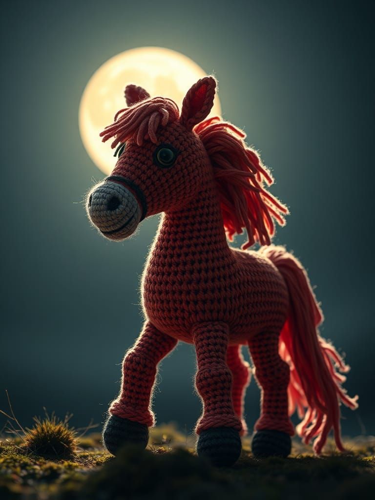 Crocheted Yarn Horse in Moonlight with Vivid Colors