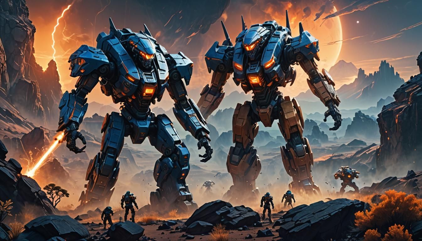 Mecha Battle on Alien Planet in Sci-Fi Art