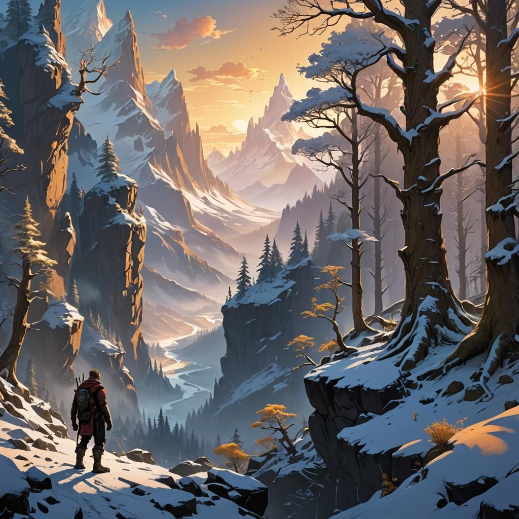 Mystical Forest Adventurer at Dawn in Fantasy Landscape