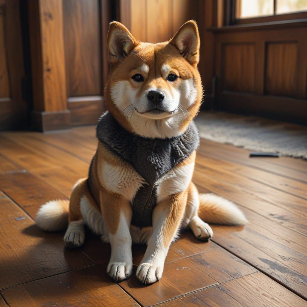 Detailed Charcoal Drawing of Shiba Inu on Wood Floor