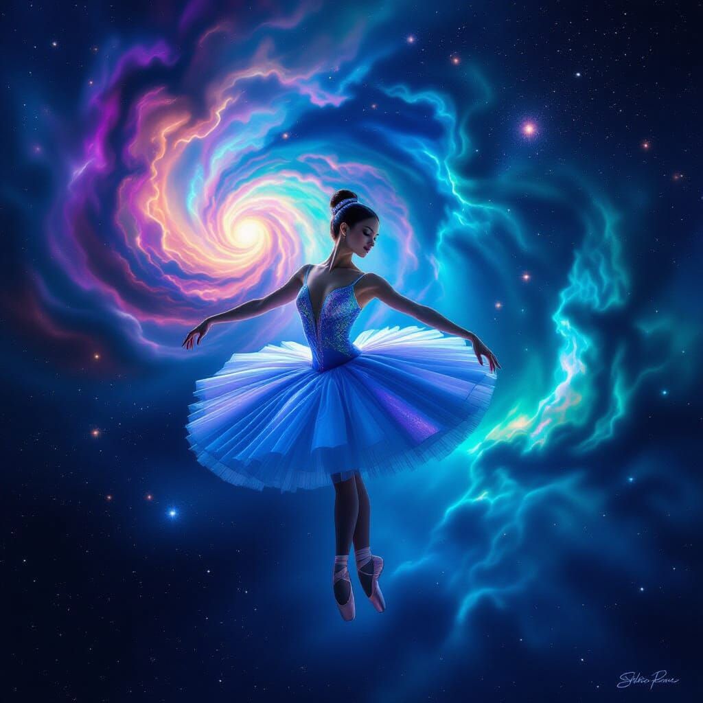 Ballerina in Deep Space Amidst Cosmic Nebulae