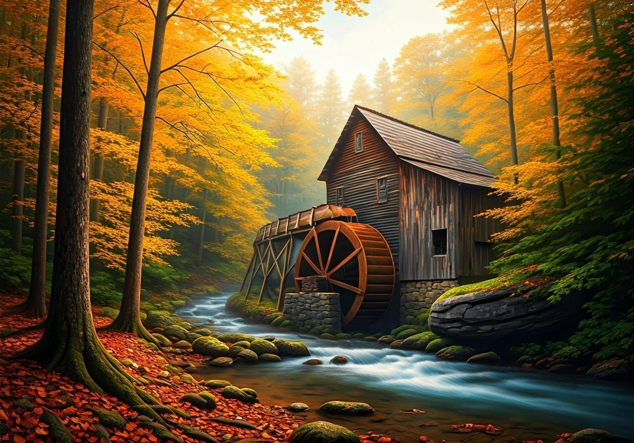 Enchanted Autumn Mill Scene in Romantic Style