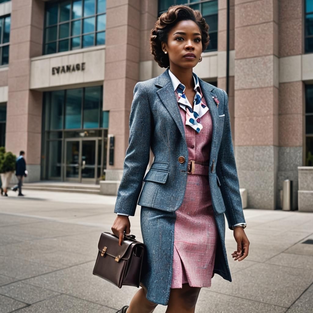 Elegant Black Businesswoman in Pink and Blue Tweed Suit