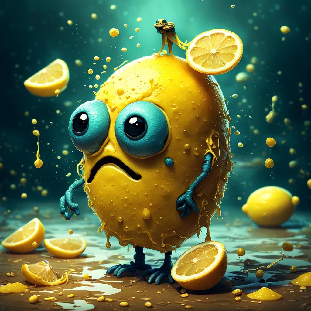stunning image of a cute adorable sad lemon with googly eyes and band aid, moody, grainy, noisy, concept art, by Alberto...