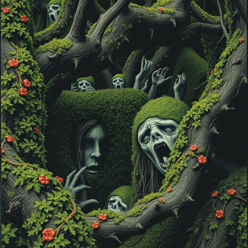 Eerie Garden Statues in Dark Fantasy Style