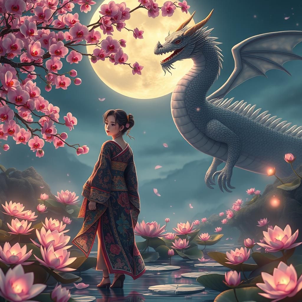 Woman in Japanese Dress with Celestial Dragon