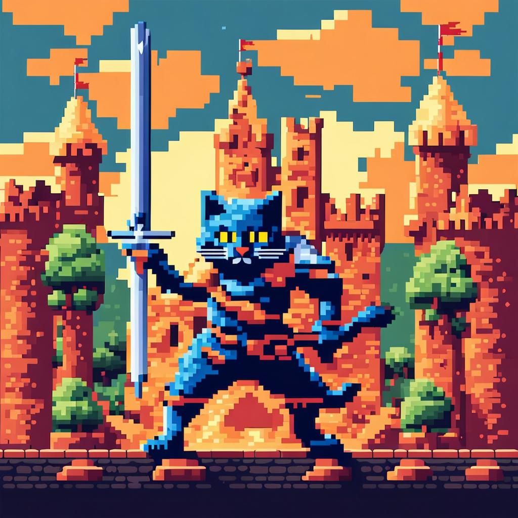 Pixel art cat with a sword guarding the castle, retro game s...