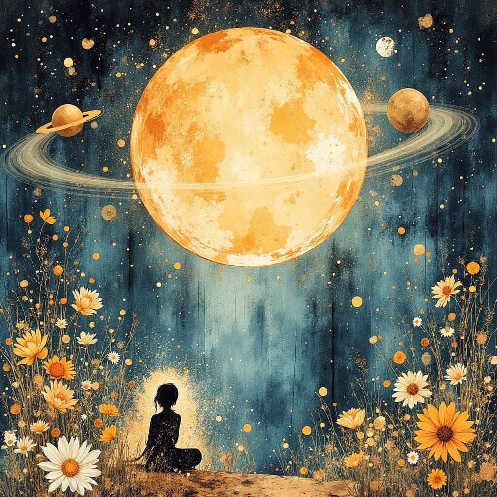 Celestial Botanist and Cosmic Flora Woodcut Illustration