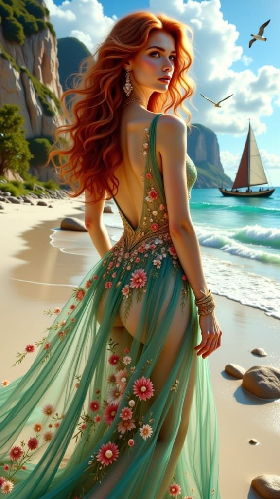 Enchanted Woman in Ethereal Gown Amidst Secluded Beach