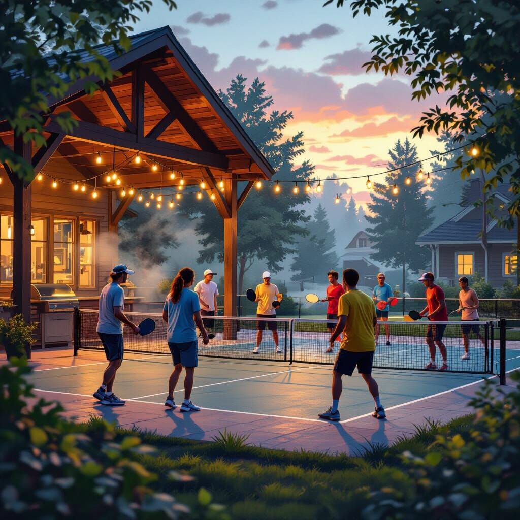 Hyperrealistic Pickleball Game in Cozy Village Pavilion