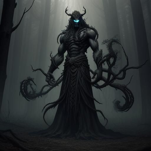 Menacing Indian Demon in Eerie Forest: Dark Fantasy