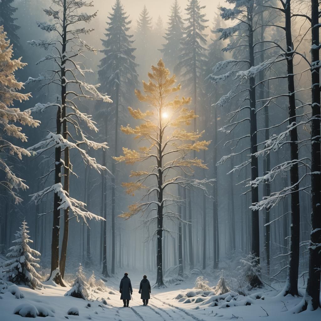 Snowy Forest Figure in Nostalgic Matte Painting