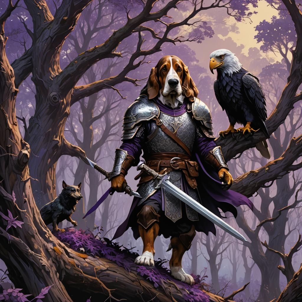Dark Fantasy Basset Hound Warrior in Purple Forest