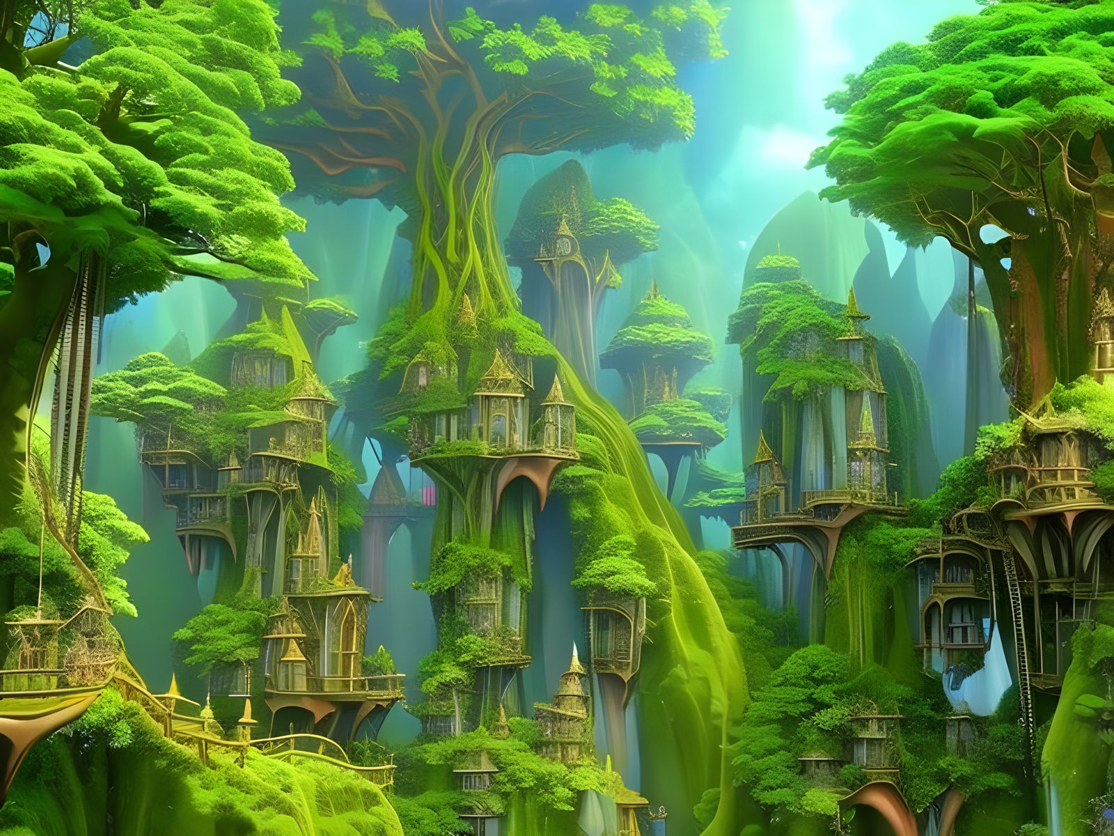 Elven Tree City in Mystical Woods