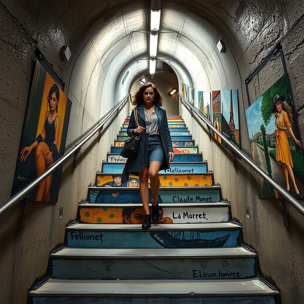 Artistic Subway Stairs Featuring French Painters