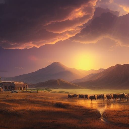 Dramatic Sunset Over Ranch: Digital Matte Painting