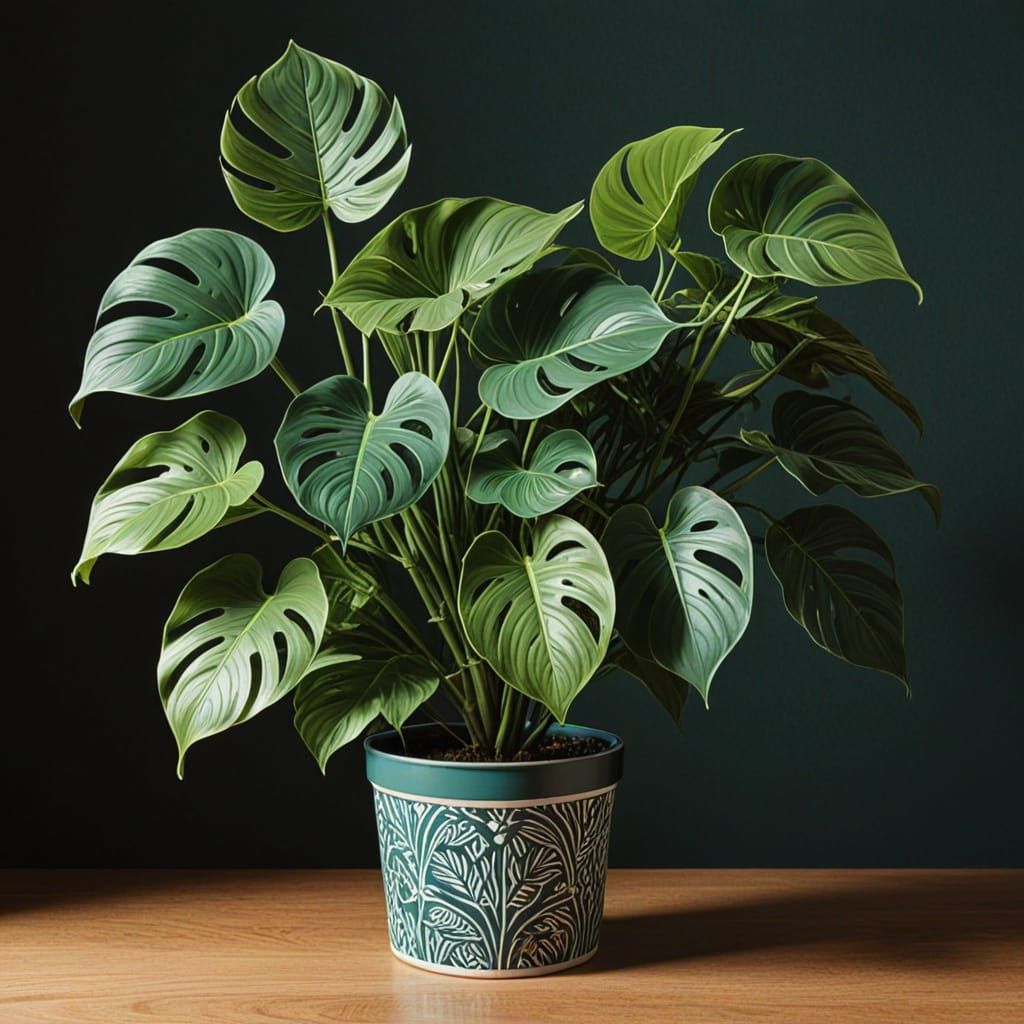 Dark Green Linocut of a Monstera Plant