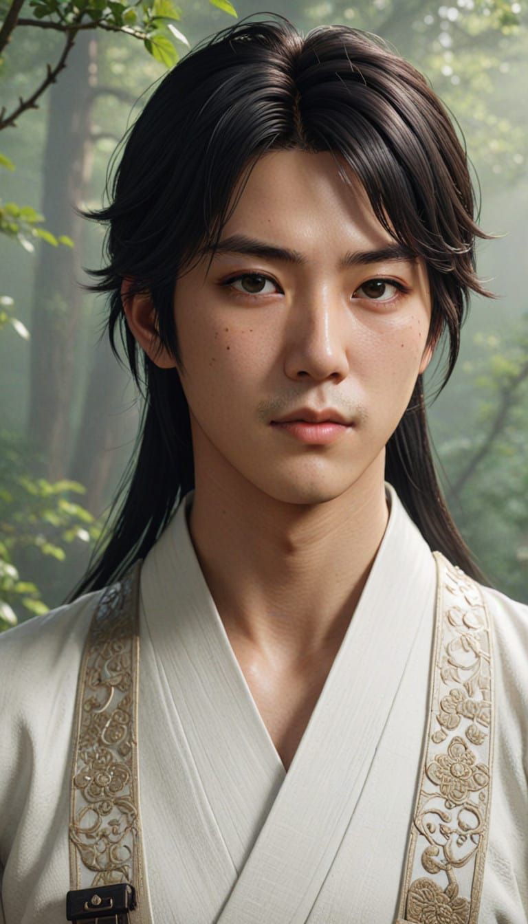 BTS Jin as Intense Samurai Warrior in Misty Japanese Garden