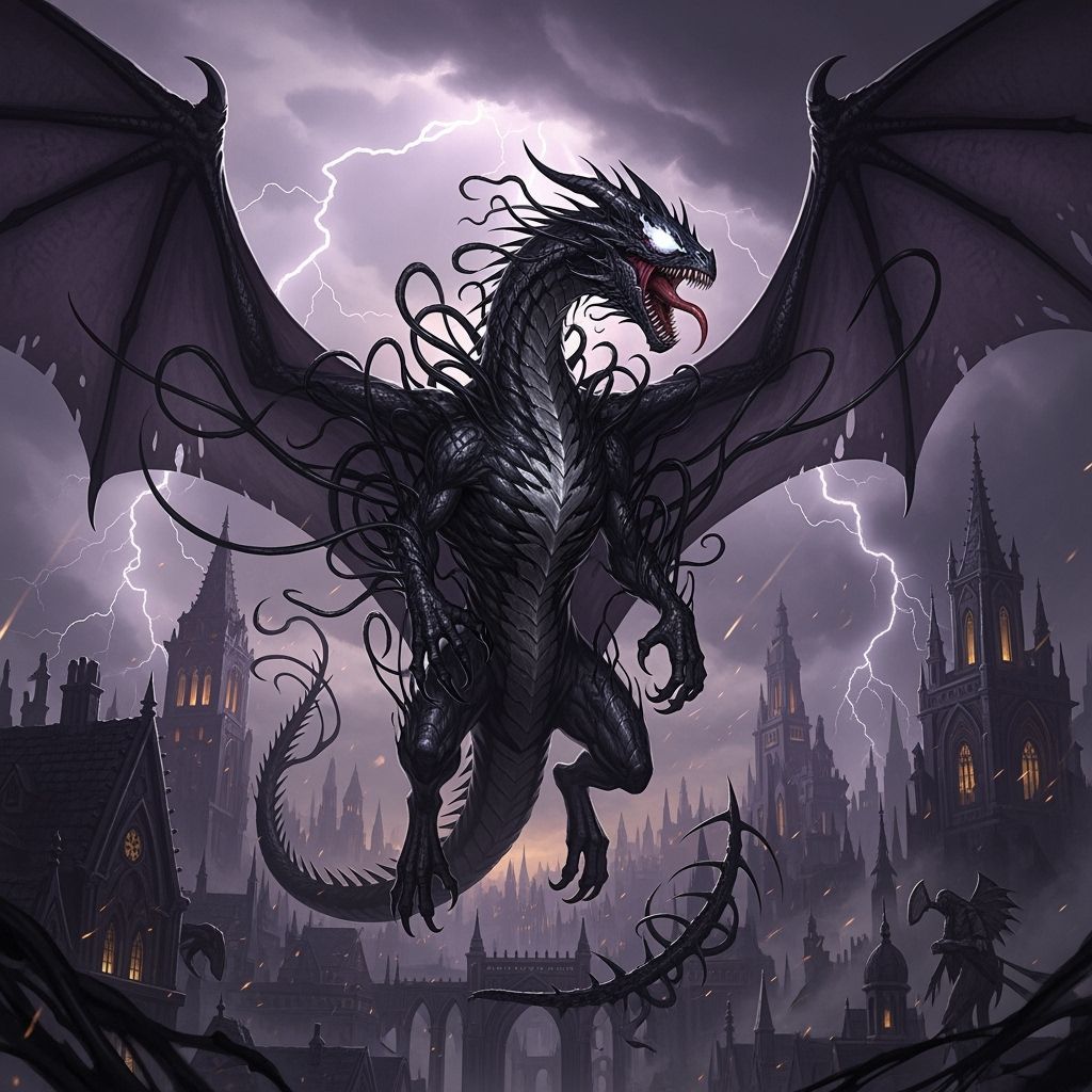 Venom Dragon Attacks Gothic City Under Stormy Skies
