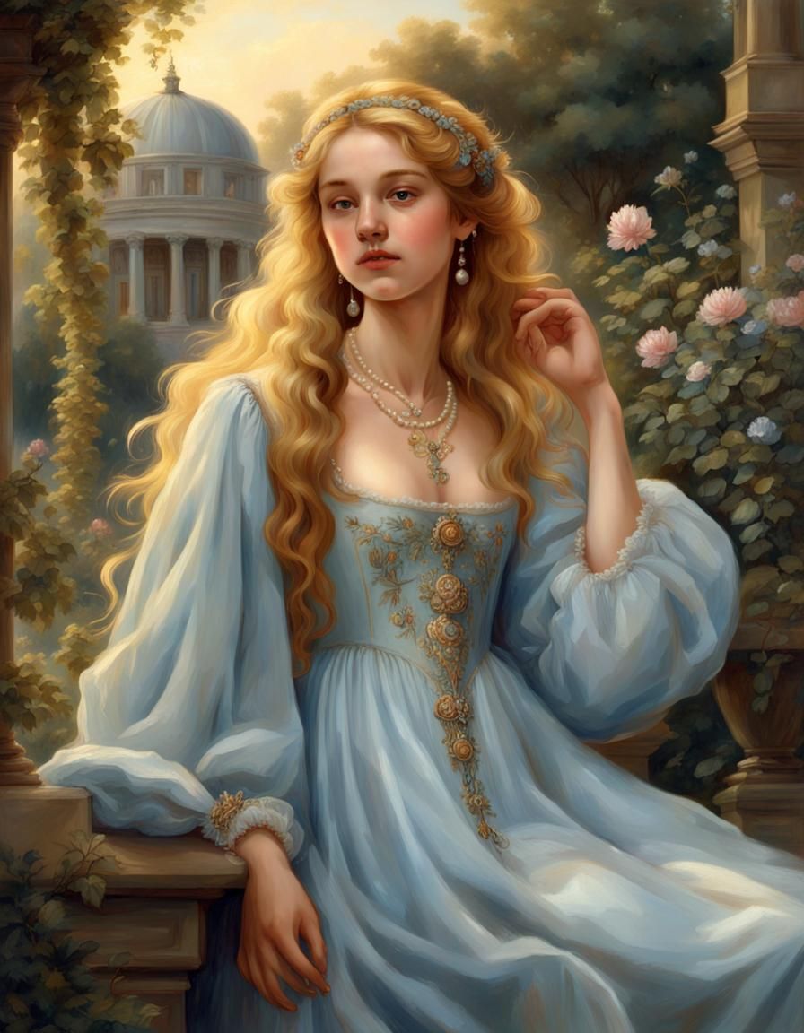 Renaissance Girl in Blue Gown with Golden Hair