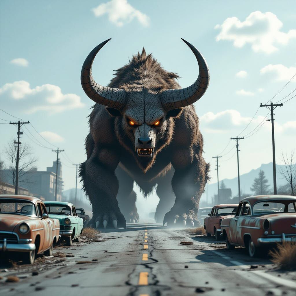 Massive Horned Creature Roams Ruined Highway