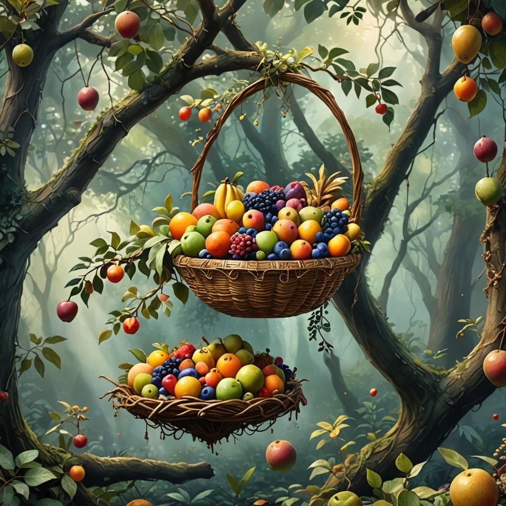 Mosaic Basket with Exotic Fruit in Misty Forest